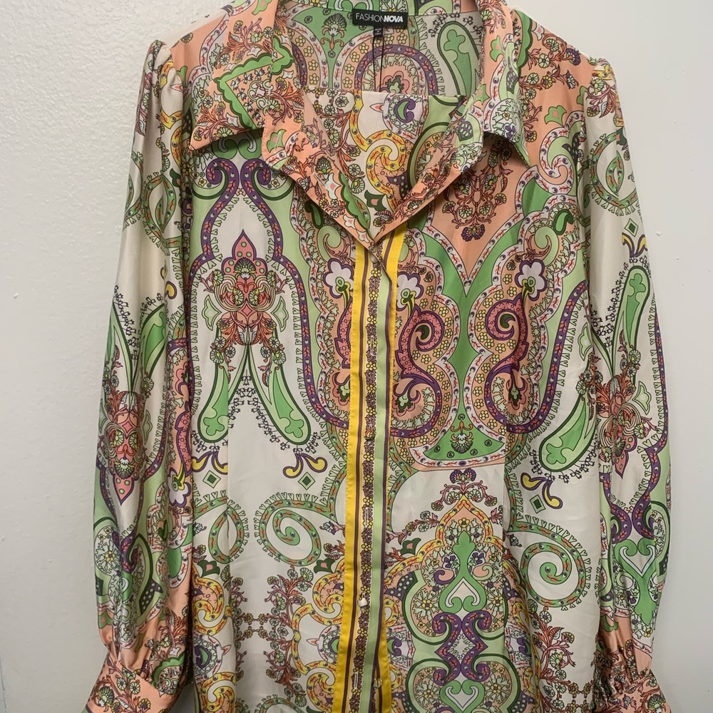 Fashion Nova Paisley Button-Up Shirt & Pant in Pastel Green, Peach & Yellow Trim